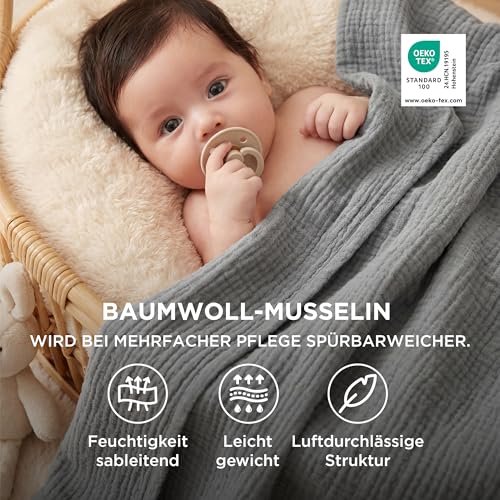 BEDSURE Musselin Decke 100% Baumwolldecke - Tagesdecke, Grau, 130x150 cm – Ansicht 2