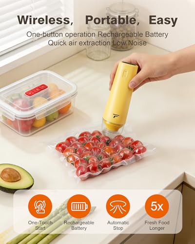 Image of Vacuum sealer for food, Handheld Vacuum Sealer with 30 Reusable Bags | Compact Vacuum Sealer, Professional-Grade for Food Storage Savers, Mustard