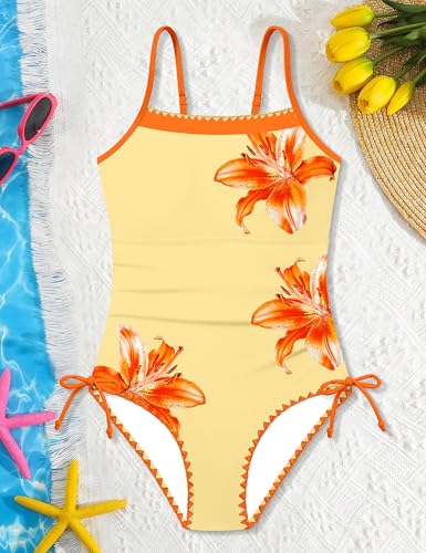 Image of BAVADER Girls Swimsuit One Piece Modest Girls Bathing Suit Solid Square Neck Ruched Adjustable Straps Padded Swimwear 9-16y