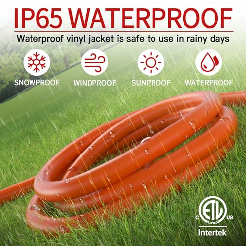 Image of 100 FT 14 /3 Extension Cord Outdoor, Heavy Duty Weatherproof & Flame Retardant Orange 3 Prong Power Cord with Light, Outside for Lawn & Garden, 13 Amps 1625 Watts 125 VAC 14AWG SJTW, ETL Listed