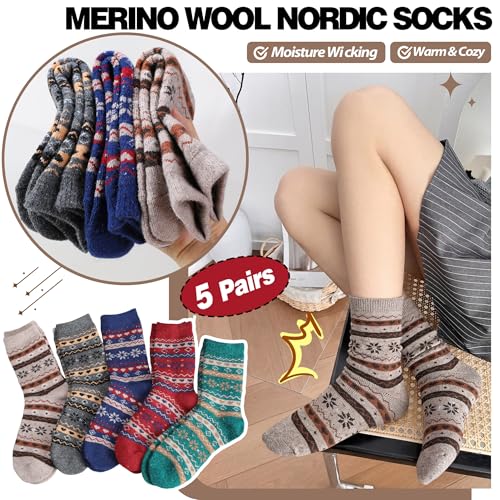 Image of Sandsuced 5 Pack Merino Wool Boot Hiking Socks for Women Warm Winter Thick Thermal Cozy Work Soft Ladies Socks