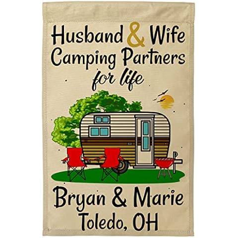 Happy Camper World Personalized Camping Flag, Features Brown and Gold Vintage Travel Trailer, Husband & Wife Camping Partners for Life, and 2 Lines of Your Custom Text, Printed On Tan Fabric Cover