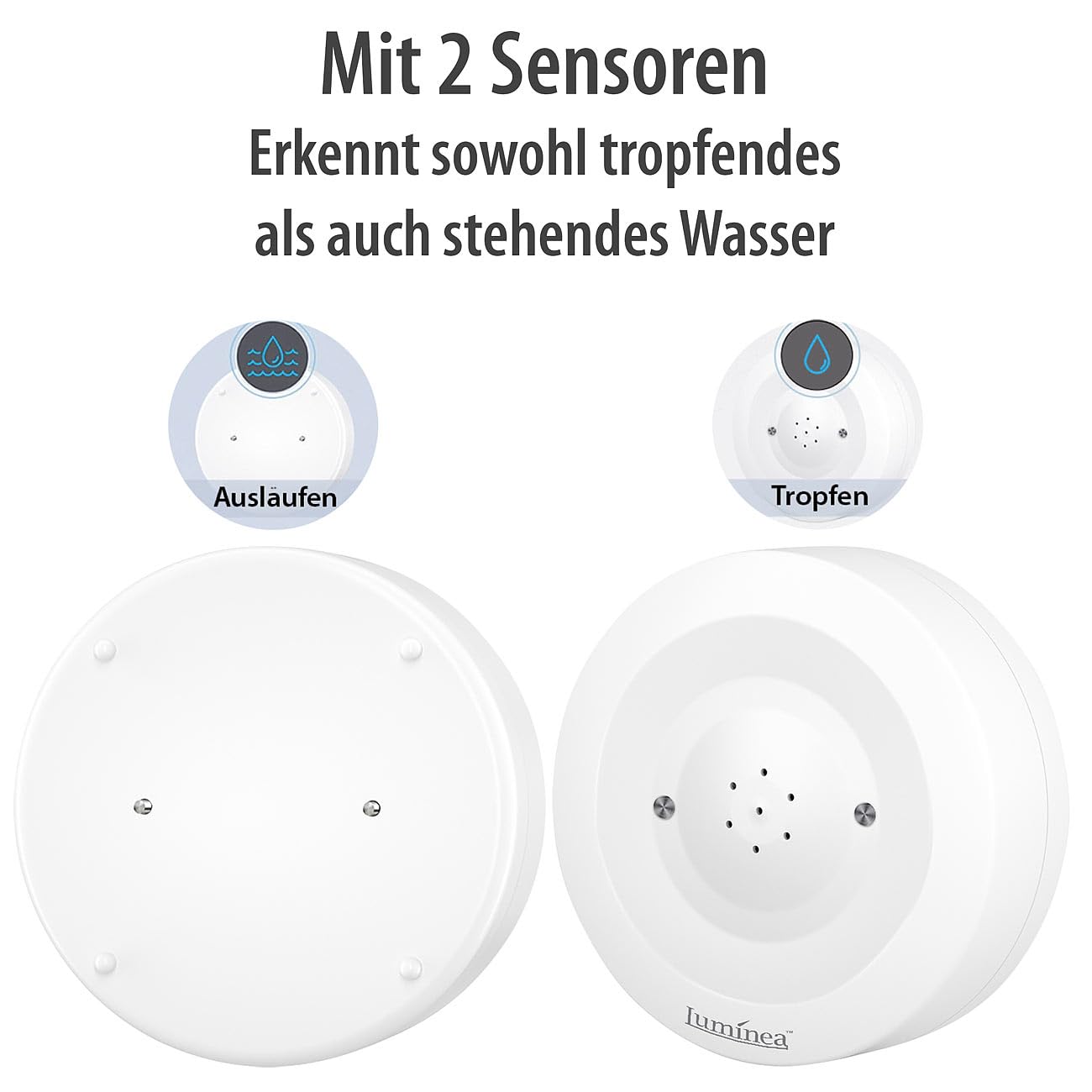 Luminea Home Control sensore livello dell'acqua: Rilevatore di acqua WLAN, Suono di allarme a 80 dB, Wi-Fi (rilevatore acqua smart, d'acqua da pavimento Wi-Fi, ipad)