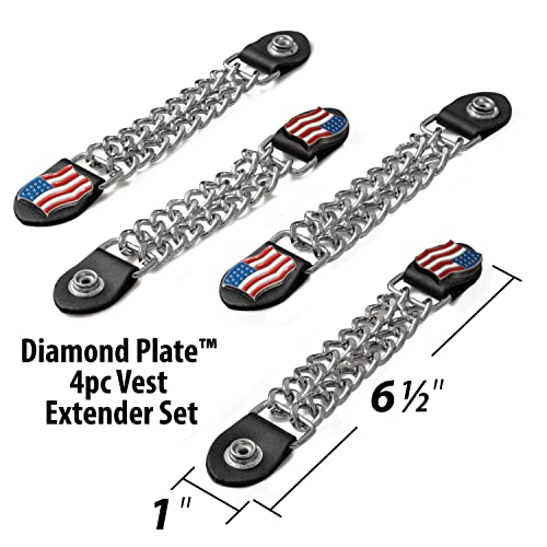 Diamond Plate 4-Piece Vest Extender Set - Chrome Finish Chains, Faux Leather Ends, Nickel Button With Usa Flag Medallion - 6.5 Inch #TOP1