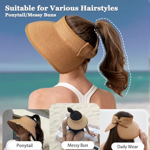 Women's Sun Visor Hats Wide Brim Straw Beach Hat Ponytail Hats for Women Foldable Floppy - Image 4