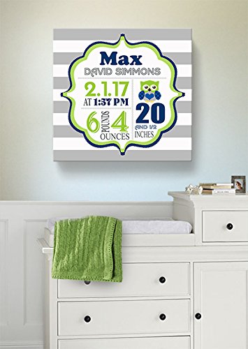 Personalized Stretched Canvas, Striped Birth Announcement, Custom Baby Name, Date, Weight Stats, Safari Owl Nursery Wall Decor, Wooden Frame Construction, Ready to Hang 24X24