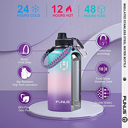 Funus Half Gallon Insulated Water Bottle, 64 Oz Vacuum Stainless Steel Water Jug With Paracord, Double Walled Tumbler Keep Cold Hot For Men Women Sports Fitness Outdoor Travel Camping(Hydrangea) #TOP4