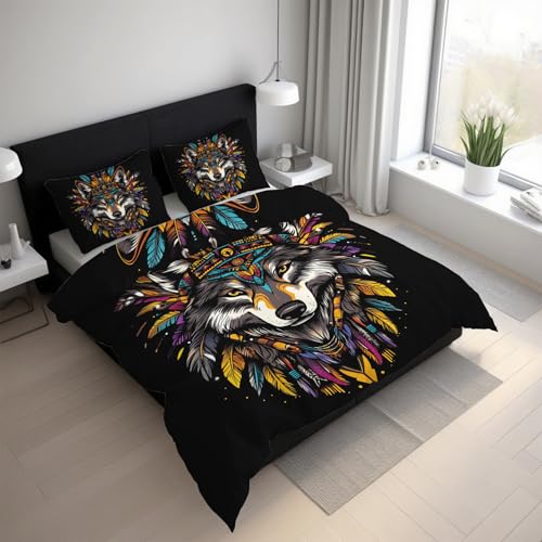 Genérico Funda Nordica Cama 150 Lobo Azteca Funda Nórdica 155x220 Tribal Nativo Americano, Suave Microfibra Ropa de Cama 3 Piezas, 2 Funda de Almohada, con Cremallera 21D&-61