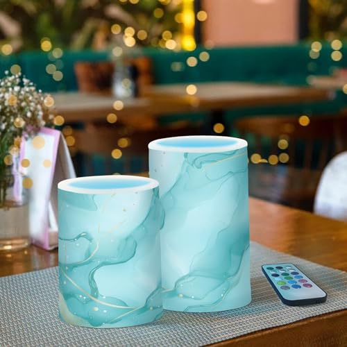 Image of Turquoise Green Marble Flickering Flameless Candles LED Battery Operated with Remote Timer Pillar Candles for Home Birthday Wedding Christmas Decor, Set of 2