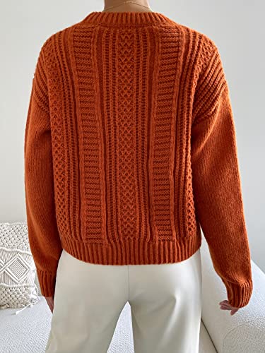 Image of MakeMeChic Women's Cable Knit Sweaters Drop Shoulder Long Sleeve Crew Neck Casual Pullover Tops Rust Brown Large
