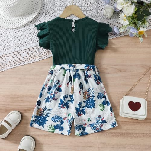 Image of Axumity Toddler Girl Clothes Outfits Tropical Print Short Sleeve Top + Belted Floral Shorts 2PC Summer Clothing Set(7-8T)