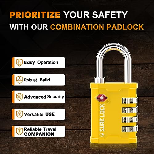 SURE LOCK TSA Accepted 4 Dig Heavy Duty Big Combination Luggage Padlock All Metal Travel Lock for Equipment Hard Case Luggage Gun Case Gym Locker Pelican Vault Lock (2, Yellow) - Image 4