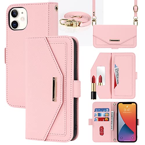 Cavor Cover Compatibile con iPhone 12/12 Pro con Cordino,Flip Portafoglio Custodia pelle,[Specchio][5 Porta Carte][Magnetico],Custodia Cover con Laccio Compatibile con iPhone 12/12 Pro - Oro rosa