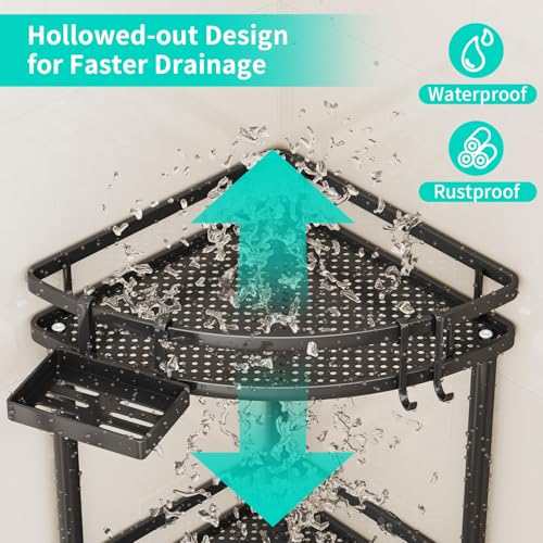 Image of HapiRm Standing Corner Shower Caddy - 4 Tier Shower Organizer Corner with Soap Holder and 4 Hooks, Rustproof Bathroom Storage Shelves with Adhesives, Black