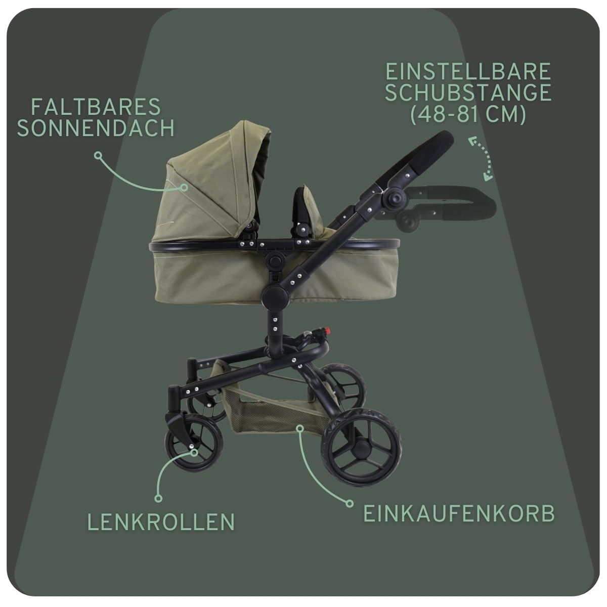 Bandits & Angels Puppenwagen Grün Modern Angel 2in1 Retro Grün ab 3 Jahren – Puppenbuggy – Für Mädchen – Verstellbarer Schieber 48-81 cm – Komplett zusammenklappbar – Mit Einkaufskorb