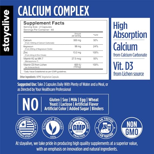 Image of STAY ALIVE Calcium Magnesium Zinc Vitamin D3 K2 | Bone & Joint Health Supplement | Supports Strong Bones & Muscle | 120 Capsules | Non-GMO & Gluten-Free Calcium and Zinc Supplement for Men and Women