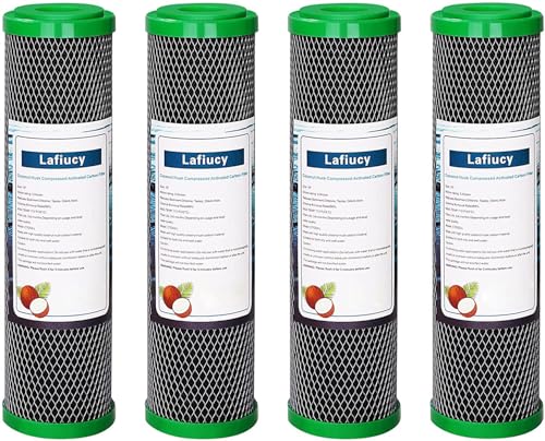 Lafiucy Filtro de agua de carbón activado de cáscara de coco de 5 micras y 10 pulgadas, CTO, paquete de 4, compatible con el sistema de filtración bajo el fregadero y la encimera del hogar