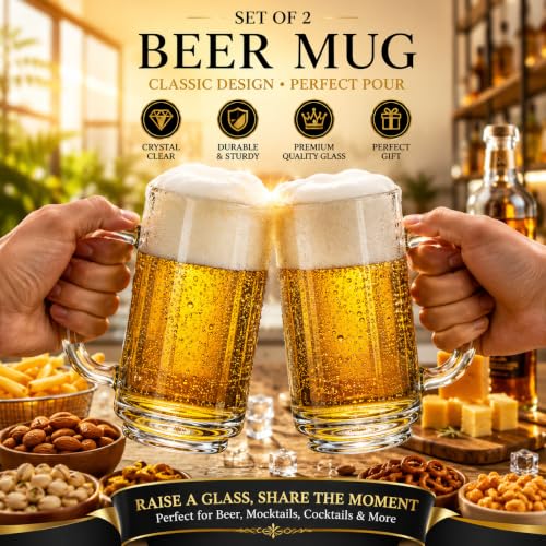 Image of WRINGO Solid Heavy Beer Mugs Set of 2, 450ML Glass Mug with Handle, Large Big Heavy Mugs for Freezer, Multipurpose Mugs, Dishwasher & Microwave Safe (BR-10)
