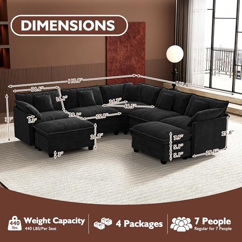 Image of Ihanherry 114 inch V-Shaped Modern Sofa Modular Sectional Cloud Couch with 2 Ottoman, 7-Seat Chenille Deep Seat Sofa with Corner Section for Living Room, Bedroom and Apartment, Black