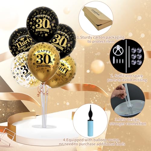 Image of TONIFUL 4 Set Black Gold 30 Printed Balloon Stands for 30th Birthday Decor