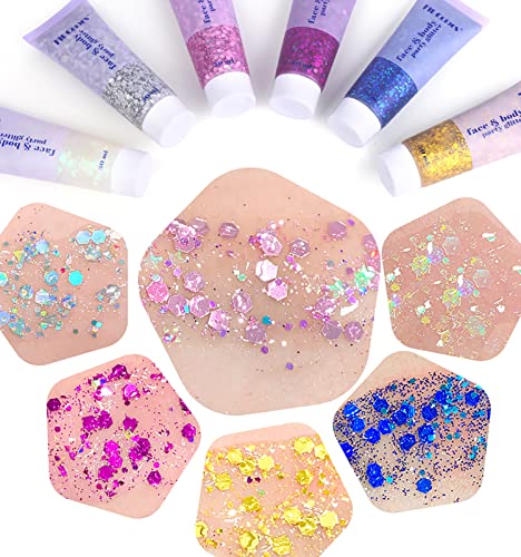 Face Glitter Gel,Body Glitter Gel,Chunky Glitter For Face Body Hair Nails Eyeshadow Holographic Cosmetic,Festival Glitter Makeup,50Ml (#06 White + #02 Gold) #TOP7