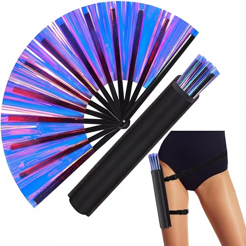 Image of FairySandy Large Rave Fan UV Glow Clack Summer Hand Fan with Thigh Holster for Women Carnival Party Supplies for Carnival Edm Music Festival Club Accessories(Purple Laser,Laser Color)
