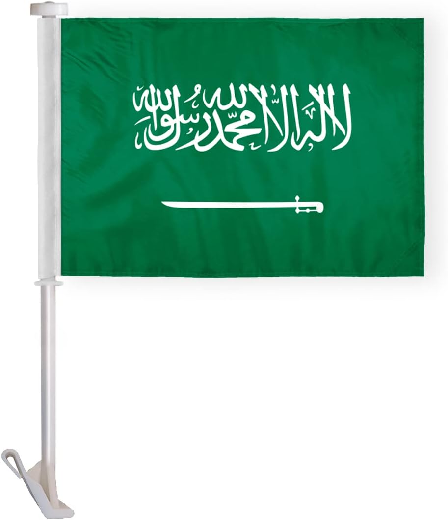 AGAS Saudi Arabia Car Flag Premium 10.5x15 inch Printed Double Sided on Super Knit Polyester Fabric Double Stitched 19 Inch White Plastic Unbreakable Stiff Pole