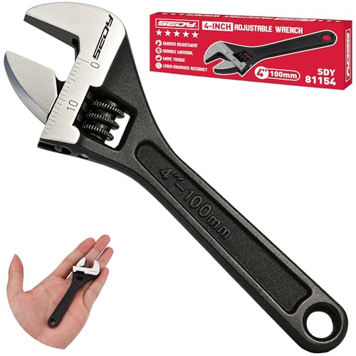 SEDY 4-Inch Mini Adjustable Wrench Small Precision Wide Jaw Spanner with Inch/Metric Scale Compact Cr-V Steel Black Oxide Tool for Automotive Household and DIY Repairs
