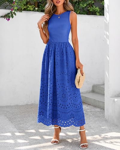 Image of dowerme Women Summer Dresses 2026 Casual Sleeveless Crewneck A-Line Boho Lace Eyelet Cotton Tank Maxi Dress with Pockets