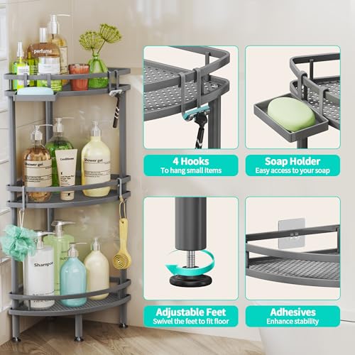 Image of HapiRm Standing Corner Shower Caddy - 3 Tier Shower Organizer Corner with Soap Holder and 4 Hooks, Rustproof Bathroom Storage Shelves with Adhesives, Grey
