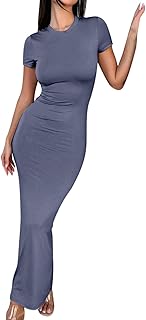 2025 Primavera Verano Color sólido Sexy Cuello Redondo Manga Corta Temperamento Slim Fit Vestido Casual Largo Ajustado Elegante