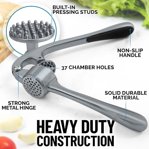 Image of Zulay Kitchen Premium Garlic Press Set - Rust Proof Professional Garlic Mincer Tool - Easy-Squeeze, Easy-Clean with Soft, Ergonomic Handle - Silicone Garlic Peeler & Brush (Slate)