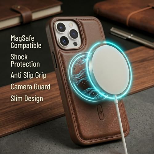 Image of amazon basics Premium PU Leather Case for iPhone 15 Pro Max, MagSafe Compatible Magnetic Ring, Sleek Protective Back Cover - [Brown]