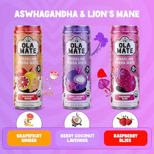 Image of Yerba Mate Energy Drink - Low Sugar Sparkling Tea Cans Variety Pack with Ashwagandha and Lion's Mane, USDA Organic Clean Energy Drink with 125mg Natural Caffeine