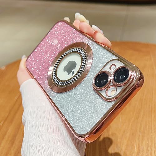 Image of Misscase for iPhone 14 Magnetic Glitter Case Compatible with MagSafe,Full Protection Slim Shockproof Anti-Scratch Case with Camera Lens Protector Logo View Dust-Proof Net for Women Pink