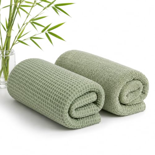 Image of Mush Bamboo Dual Texture Waffle Terry Hand Towel Set of 2 | Ultra Soft, Highly Absorbent, Quick Dry | Hand Towels for Bathroom, Gym & Travel (40x60 cm, 450 GSM) Olive Green
