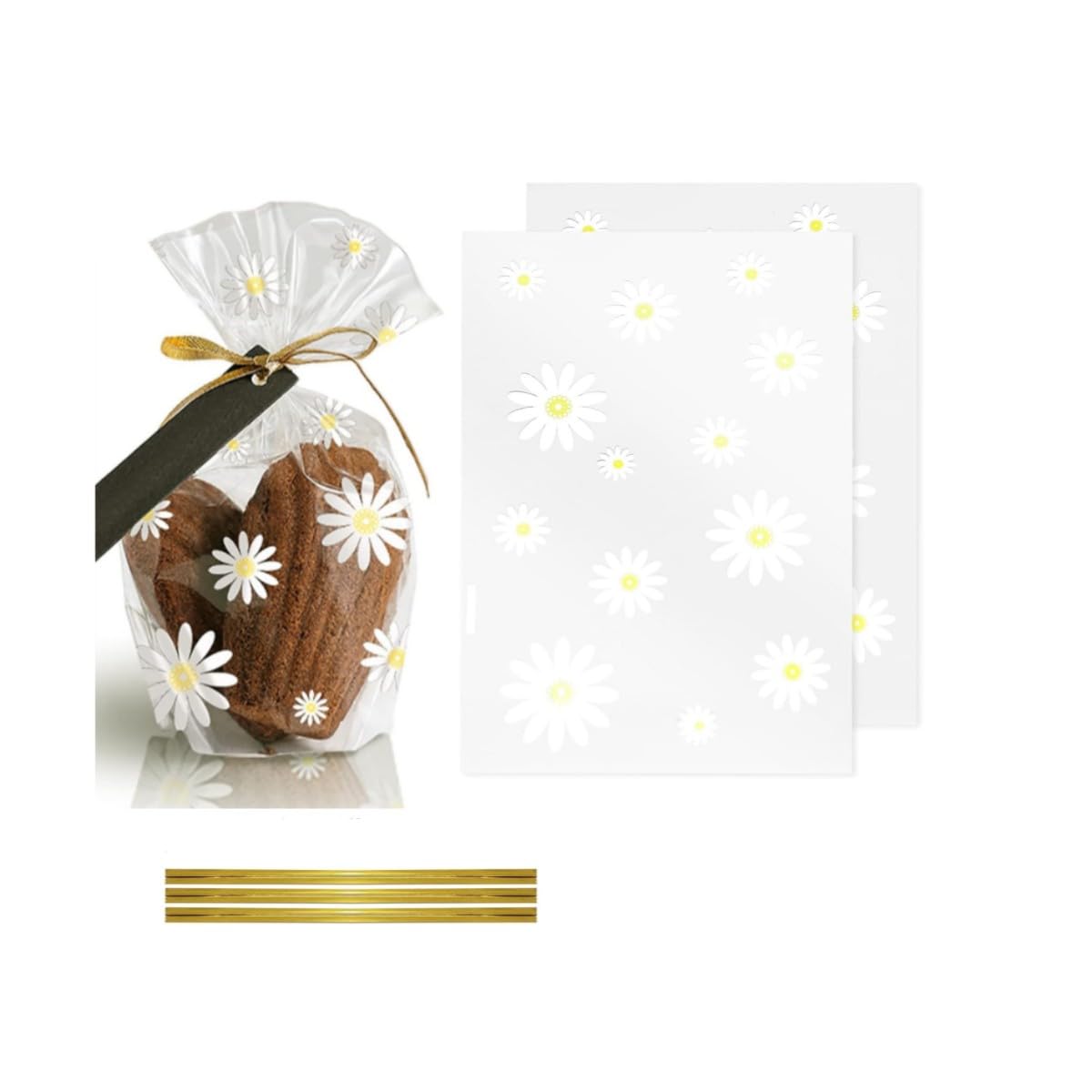 KUPOO Daisy Flower Candy Bags Gusseted Cellophane Bags for Cookies and Party Favors with Gold Twist Ties Perfect Plastic Gift Bags for Any Occasion (