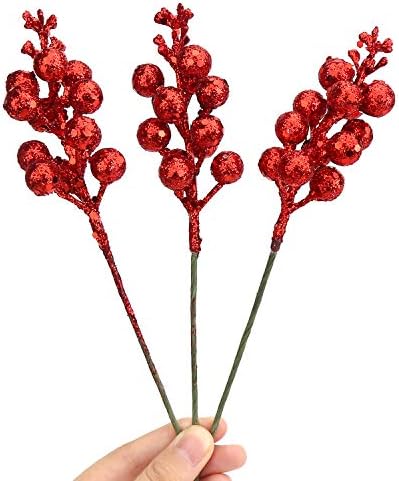 FINGOOO Artificial Red Berry Stems, 14 Pcs 7.8 Inch Glitter Christmas Tree Picks for Christmas Tree Ornaments,DIY Xmas Wreath, Holiday and Home Decoration