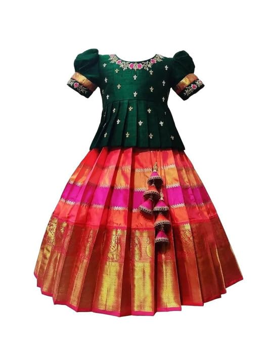Image of Wommaniya Impex New south Indian traditional pattu pavadai Jecquard Lehenga choli for girls dress