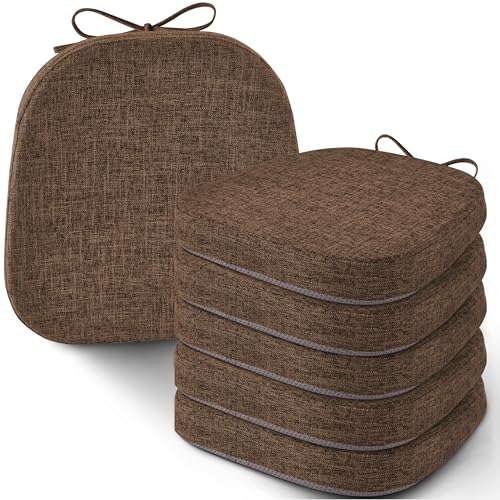 Image of AddGrace Set of 6 Chair Cushions for Metal Dining Chairs 14x14 Brown | Non Slip,Washable Removable Cover with Ties, Textured, for Kitchen Dining Room Indoor, Hard Wooden Chairs, Family Gathering