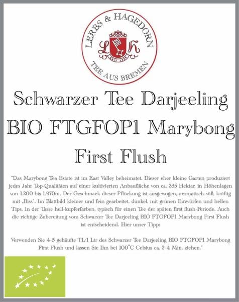 Schwarzer Tee Darjeeling BIO FTGFOP1 Marybong First Flush 1 KG