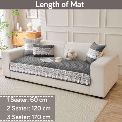 Image of HOKIPO 'BelleLace Series' Imperial Milk Velvet Sofa Cover Mat for 3 Seater Sofa, Lace Design, Porpoise Grey (AR-5966-DGRY*1)