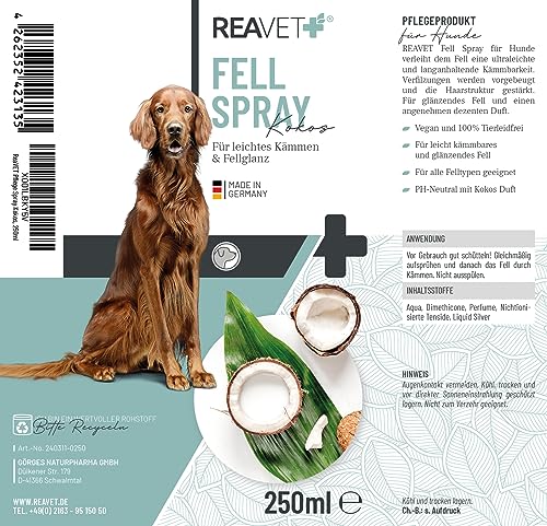 ReaVET Fellpflege Pflegespray Kokos 250ml - Sanftes Fellspray für Hunde & Katzen, Entfilzungsspray & Kämmhilfe, mit Kokosspray mit Kokosöl