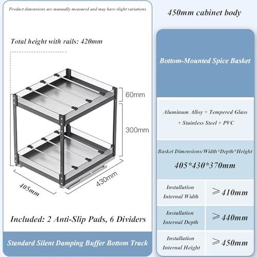 Wytrzymały organizer do szafy przesuwnej - 450 mm wąskie przesuwne półki z wyjmowaną przegrodą, 2-poziomowe wysuwane szuflady do przechowywania w kuchni, s