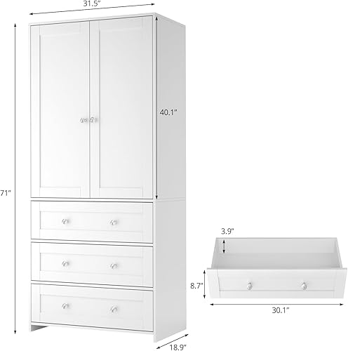Miniatura 2 de VOWNER Armoire Wardrobe Closet with Drawers and Mirror, 71" Clothing Storage Cabinet with Hanging Rod, 2 Doors Wooden Wardrobe Cabinet for Bedroom,