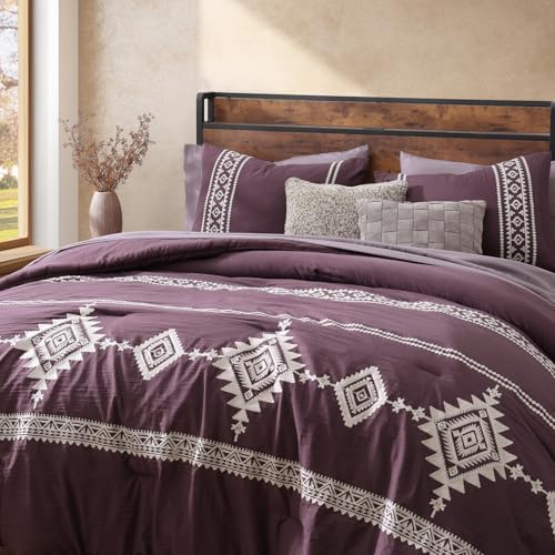 Image of MaiReve Embroidery Full Size Comforter Set 7 Pieces Purple Bed in a Bag