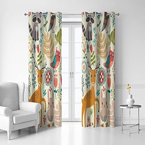 Kids Blackout Window Curtain 2 Panels Cute Woodland Animals Thermal Insulated Baby Nursery Bedroom Decor Living Room Window Drapes Treatment 55W x 84L Inch Cover