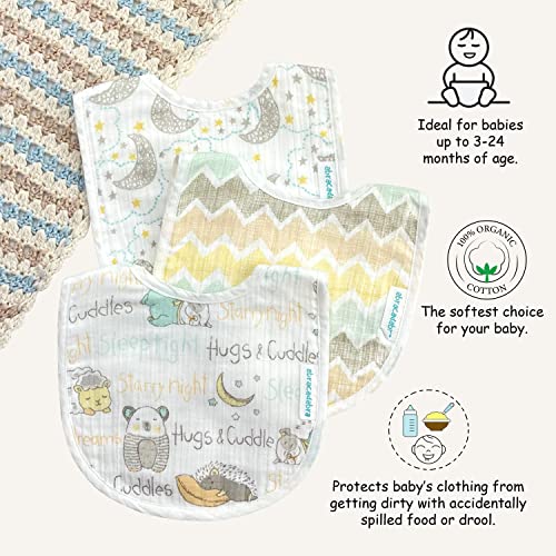 Image of abracadabra Muslin Bibs with Adjustable Snap Button Closure, Super Absorbent, Soft, Comfortable & Lightweight, Set of 3 - Sleepy Friends