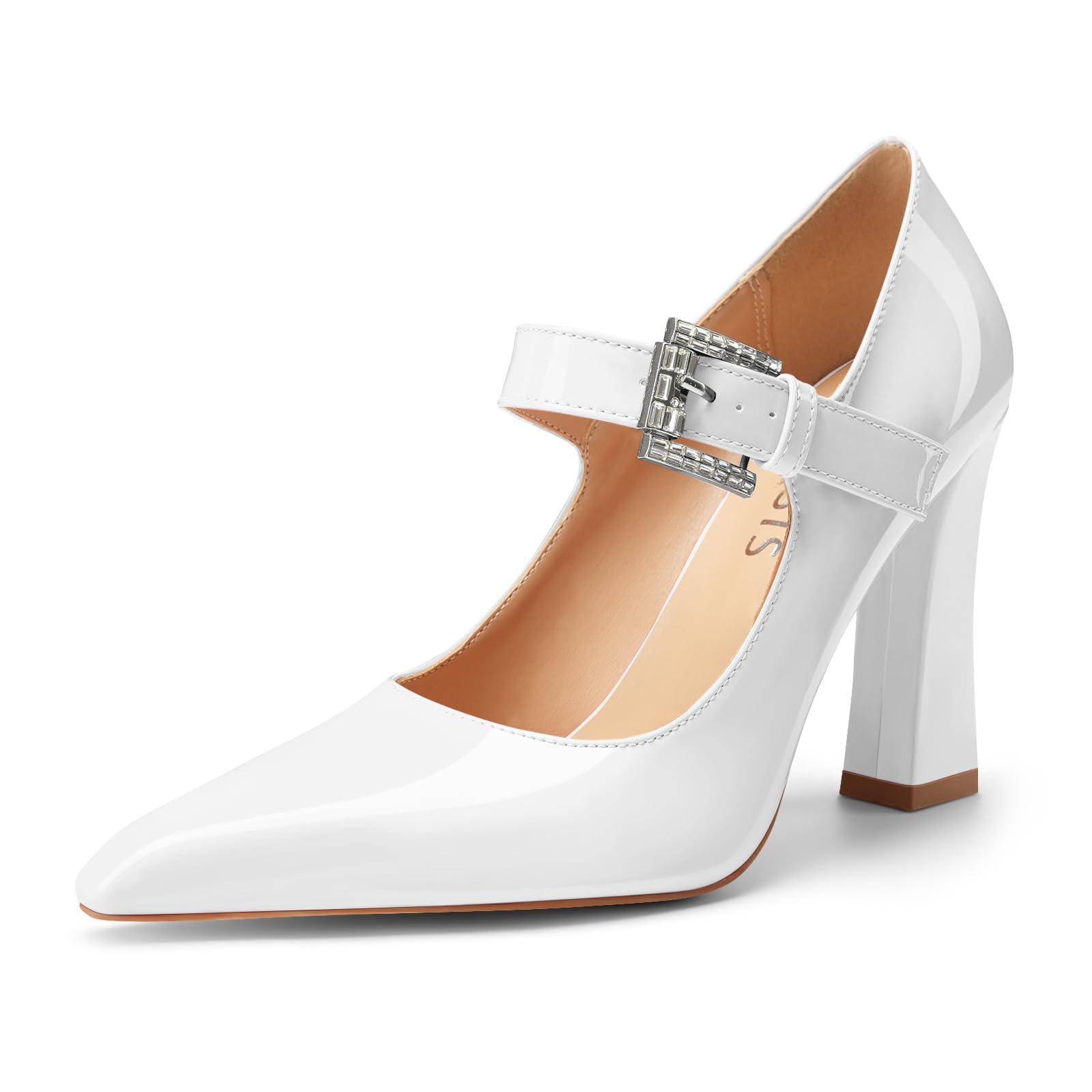 Perisis Women's Mary Janes Block Heeled Pumps Closed Pointed Toe White Chunky High Heels with Rhinestone Buckle Strap Elegant Bride Prom Dress Pointy