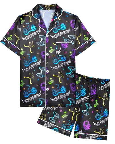 Boys Pajamas Kids Silky Satin Pajamas Set 2Pcs Boys Summer Short Sleeve Button-Down Pjs Lounge Sleepwear Nightwear Size 8-14